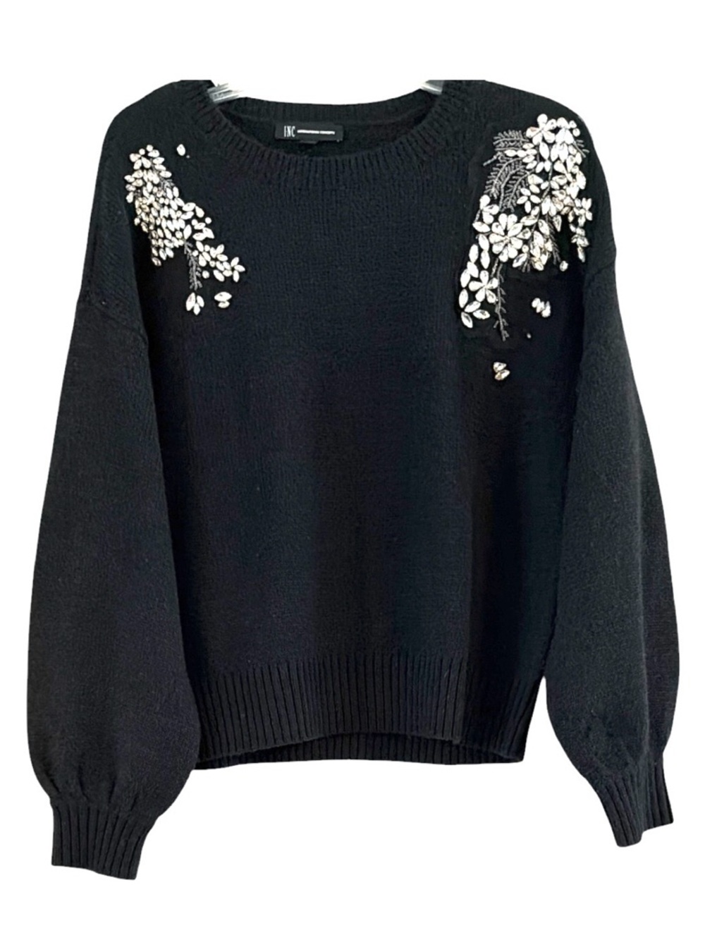 INC International Concepts Black Embellished Crewneck Sweater
